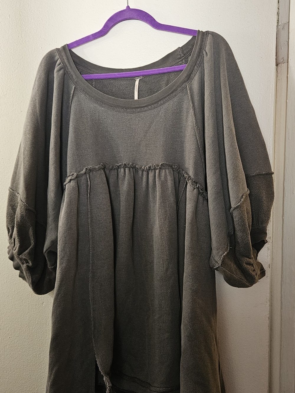 Free People Washed Charcoal Gray Gathered Peasant Sweatshirt